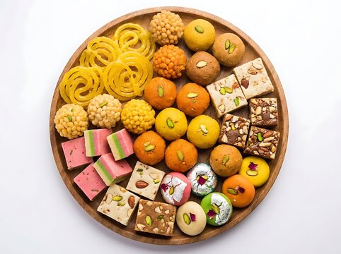 A vibrant and delightful assortment of traditional indian sweets beautifully arranged for the joyous festival of diwali symbolizing prosperity and happiness for