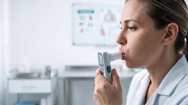 Woman undergoing spirometry, blowing into a medical device for respiratory function assessment in a modern clinic. Side profile shot.