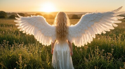 Fototapeta premium Blonde woman with white angel wings stands in grassy field during sunset. Golden light shines through feathers. She wears a white dress, peaceful, calm, ethereal.
