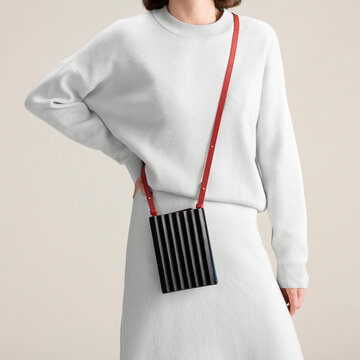 Minimal White Sweater With Red Strap Bag