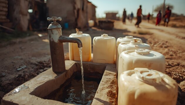 Water tap flowing into basin with plastic jerry cans in rural village. Concept of clean water access, water scarcity, humanitarian aid, drought, and community supply