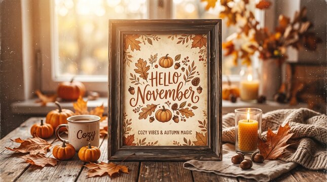 Hello November sign in a wooden frame with pumpkins and autumn leaves