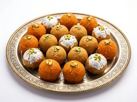 A delightful assortment of traditional indian sweets known as mithai beautifully arranged on a silver platter representing the joyous celebration of diwali