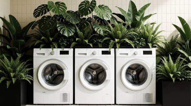 Three modern white washing machines sit in clean laundry room. Green plants, tropical ferns arranged around appliances creating fresh, eco-friendly atmosphere. Interior features light tiles,
