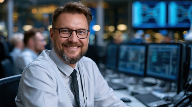 Smiling mature executive manager wearing glasses sitting at computer workstation inside modern control room office.