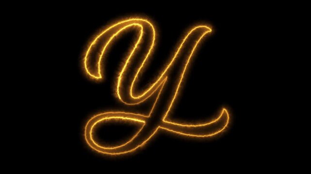 Fiery script letter Y revealing animation on black background, dynamic burning alphabet motion clip.