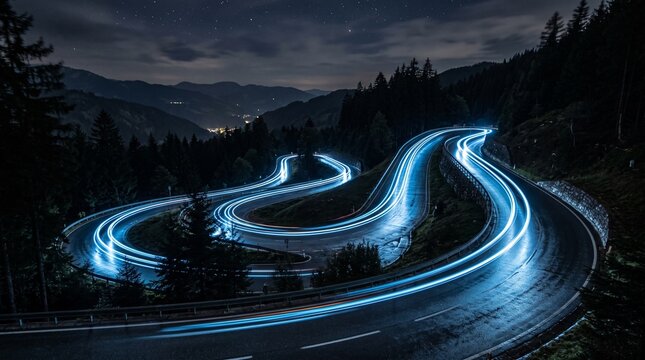 Long exposure light trails from car headlights on a winding mountain road at night