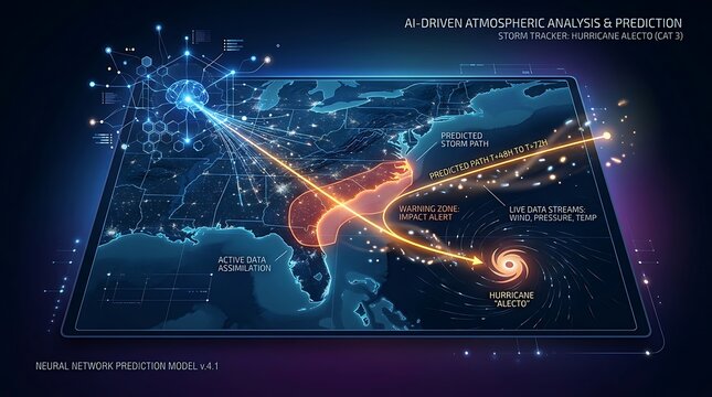 Digital map interface displaying artificial intelligence weather forecasting and hurricane tracking data visualization