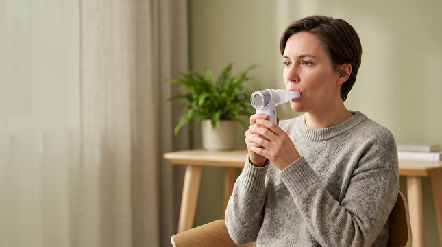 Focused young adult woman performing a respiratory test in a calm indoor setting, utilizing a portable device for spirometry measurements to assess lung function.