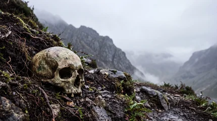 Human skull lying on rocky soil in misty cold mountain terrain © Curioso.Photography