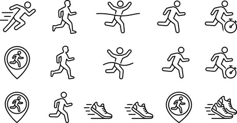 Fototapeta premium Running and Jogging Line Icon Set Featuring Runners, Finish Lines, Stopwatches, Location Pins, and Sneaker Symbols for Fitness and Sports Designs
