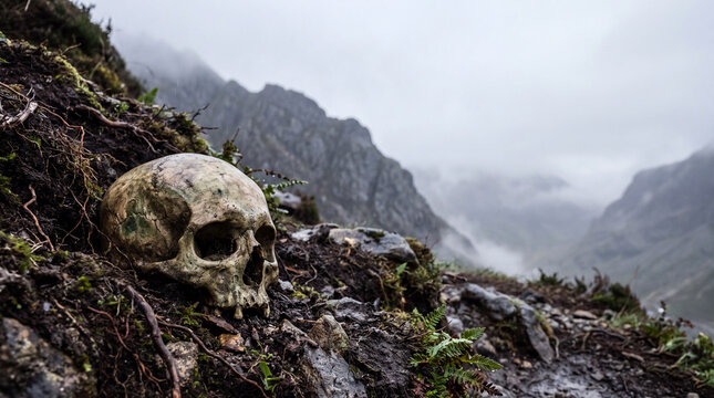 Human skull lying on rocky soil in misty cold mountain terrain