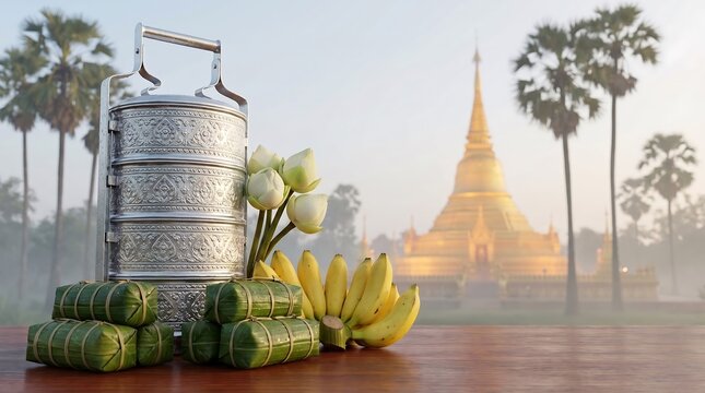 Pchum Ben Day Buddhist Offerings with Tiffin and Rice Cakes at Pagoda