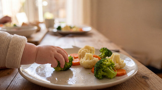 Baby hand taking steamed broccoli and cauliflower from plate during healthy self feeding mealtime[cite: 20]