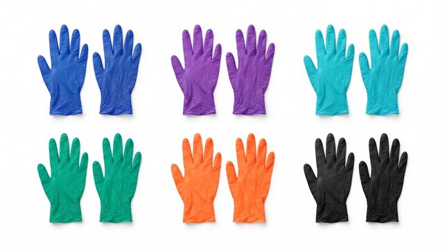 Colorful nitrile gloves collection, six pairs of multi-colored disposable latex-free gloves, protective rubber hand wear for medical and cleaning use