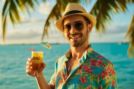 Man smiling holding mai tai cocktail on beach