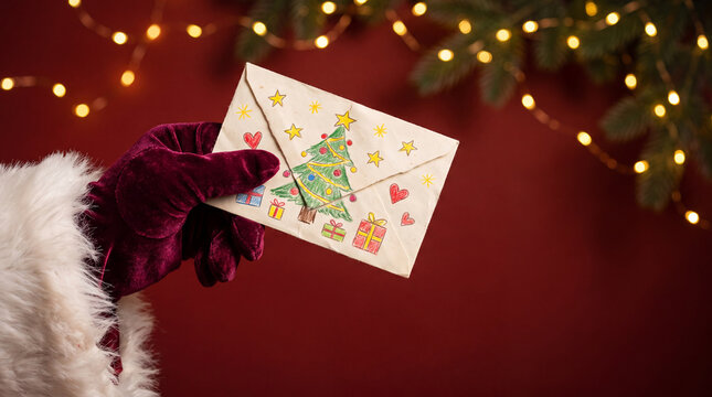 Santa Claus holding a decorated Christmas card in front of festive holiday lights.