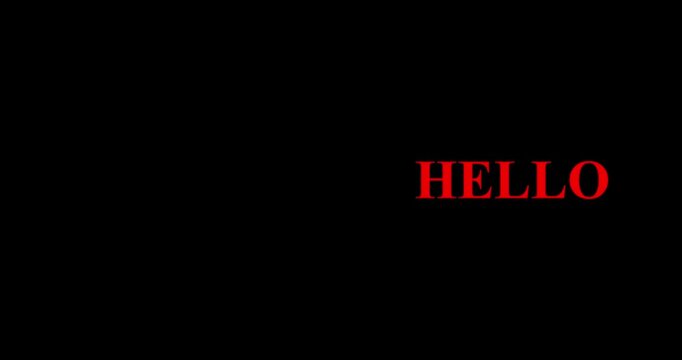 Red Hello text on black background, minimalist greeting message animation, bold red typography for video intro, simple word display for social media