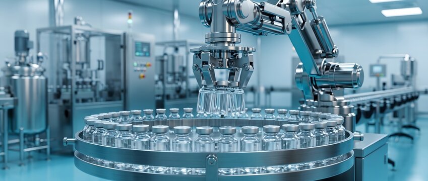 Robotic arm in pharmaceutical factory filling vials on production line.