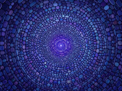 Abstract background of blue and purple circular mosaic tiles forming a hypnotic tunnel pattern