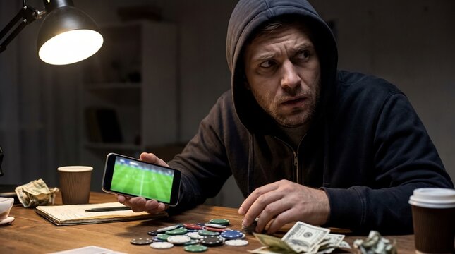 Stressed man in hoodie gambling on sports betting app on phone with poker chips and cash