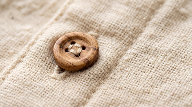 Macro close-up of organic cotton fabric texture with a small wooden button