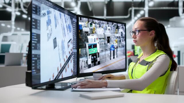 Woman Using Computer In Factory Plant, Working