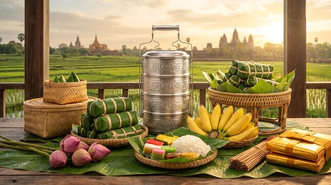 Traditional Cambodian Food Offerings for Pchum Ben Day at Angkor Wat
