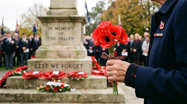 Person holding red poppy flowers at a war memorial monument for remembrance