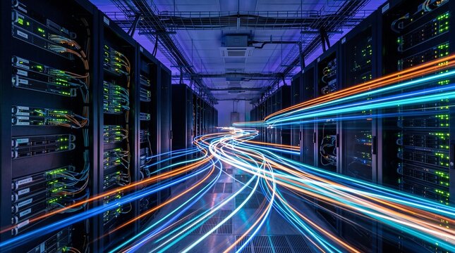 Data center server racks with illuminated blue-green light trails representing high-speed data transfer