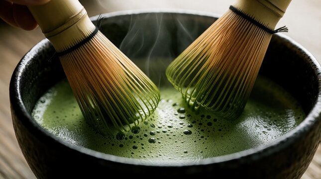 Two bamboo whisks stir vibrant green matcha tea in a black ceramic bowl, creating foam. Steam rises from the hot beverage, signaling a moment of calm ritual.