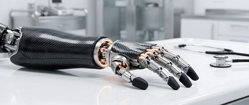 Futuristic bionic arm on white medical table with stethoscope nearby.