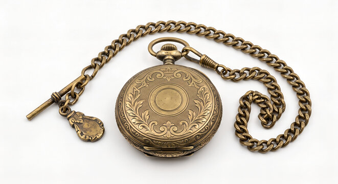 Centered full studio shot of an antique brass pocket watch with a chain isolated on a white background.