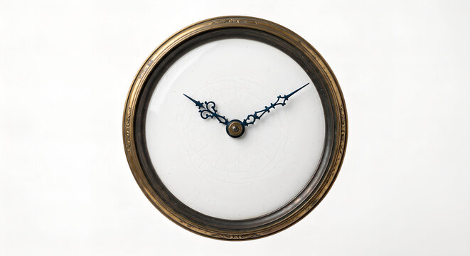 Centered full studio shot of a vintage blank clock face with hands isolated on a white background.