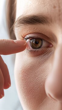 Woman inserting a contact lens into her eye, illustrating vision correction and eye care.