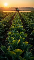 Obraz premium Agricultural tractor spraying green vegetable crop field with pesticide equipment at sunset