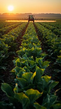 Agricultural tractor spraying green vegetable crop field with pesticide equipment at sunset