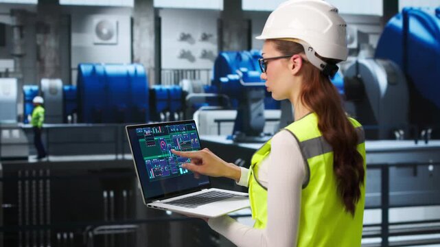 Engineer Carefully Inspects Power Plant Engine Using Laptop