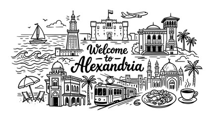 Obraz premium Alexandria Egypt Landmarks Doodle Illustration