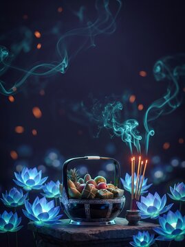 Pchum Ben Day Cambodian Offering Basket with Lotus Flowers and Burning Incense