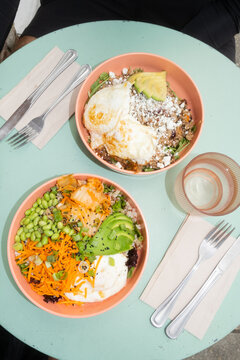 Healthy lunch food on patio table in New Orleans
