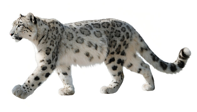 Snow leopard walking in isolated transparent background for wildlife and conservation graphics