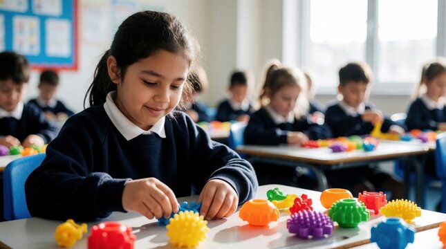 Young kids in uniform learn with colorful toys at school desks. Children play together during class, developing skills through hands-on activities in a bright classroom setting.
