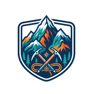 Mountain Climbing Emblem with Ice Axes and Rope.