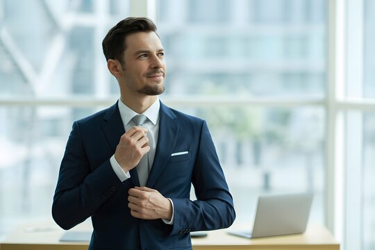 Professional man adjusting tie in office setting