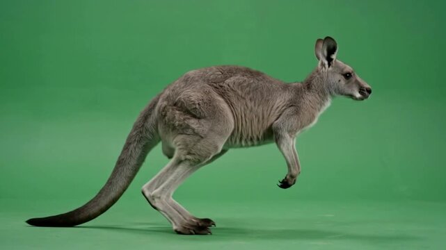 Kangaroo jumping in a dynamic motion against a solid green background for easy extraction and creative design