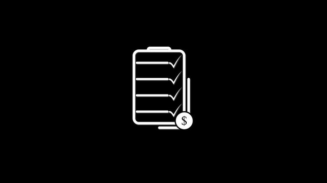 Simple checklist icon with multiple completed tasks on a black background and a dollar symbol, representing financial planning, budgeting, payments, business tasks, and money management.