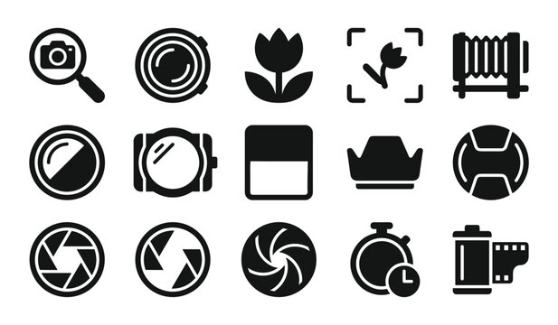 Collection of and camera lens icons featuring aperture shutter speed and optical equipment in a solid black style