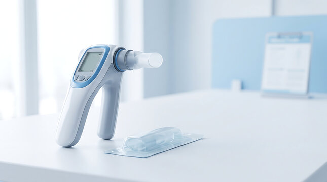 Modern spirometry device resting on a clean clinic table, poised for precise respiratory function testing and medical diagnosis using spirometry.