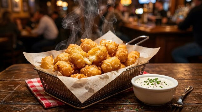 Fresh hot fried cheese curds served in a metal basket with dipping sauce at a rustic pub restaurant perfect for national cheese curd day